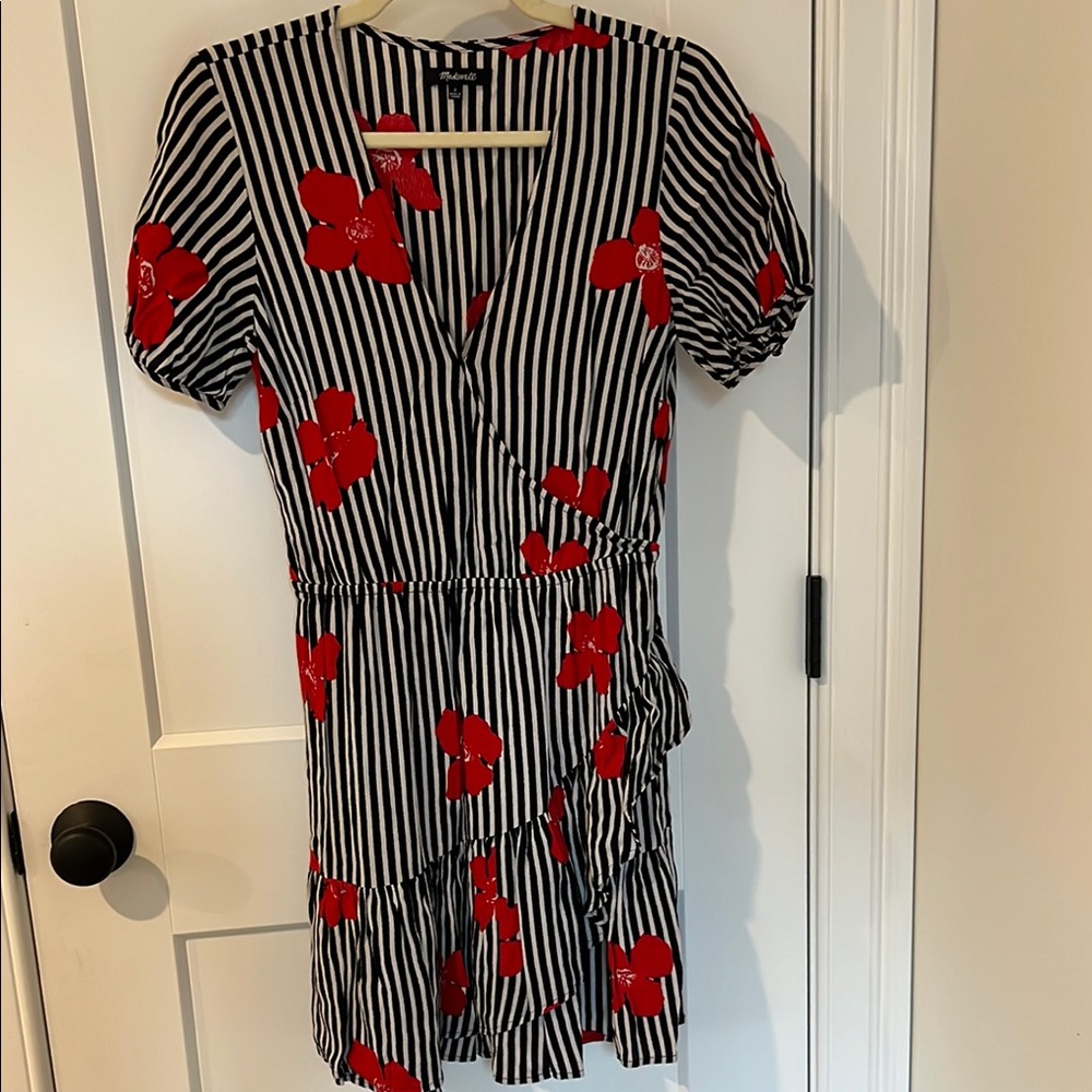 Madewell Black and White Striped Dress with Red Accents